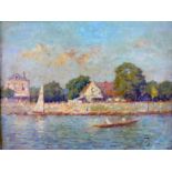 An early 20th century impressionist oil on panel, boats on a lake, indistinctly signed, bearing