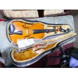 A modern violin, with case, P & H London bow and Wolf shoulder rest, L.59cm