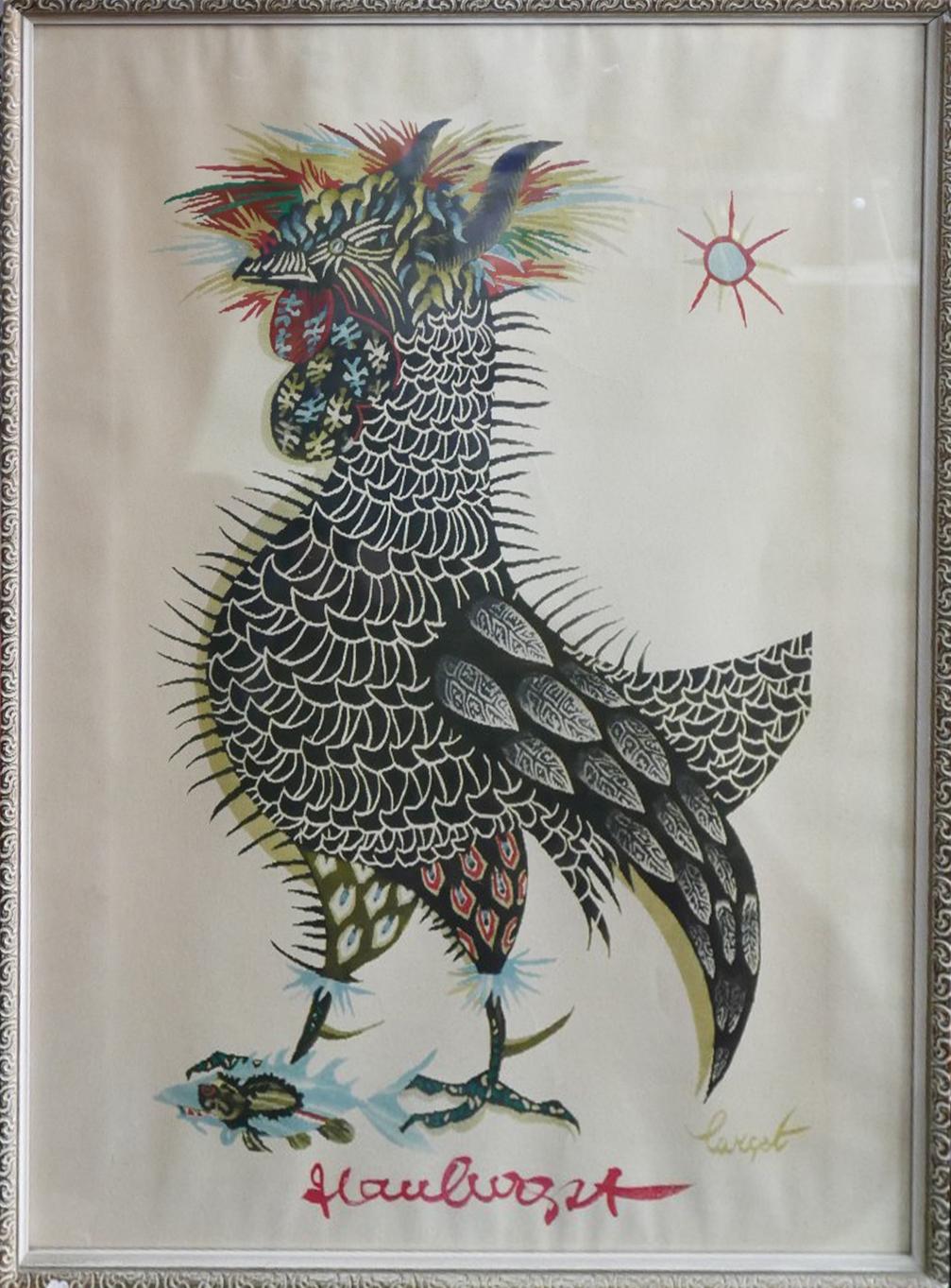 Jean Lucrat, a mid 20th century lithograph titled 'Le Coq', hand signed in crayon, 68 x 48cm