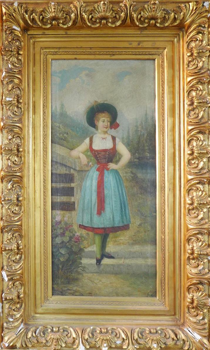 Pal Bohm, Hungarian (1839-1905), lady by a fence, oil on canvas, signed lower right, set in gilt - Image 2 of 3