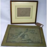 A pencil sketch of a Mountainous landscape, inscribed, framed and glazed, 12 x 18cm, together with a