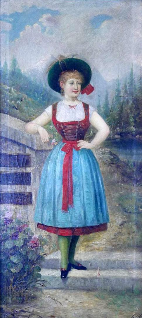 Pal Bohm, Hungarian (1839-1905), lady by a fence, oil on canvas, signed lower right, set in gilt