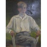 20th century British school, Portrait of a boy sitting on a garden chair, oil on board, in
