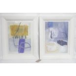 A pair of Contemporary abstract prints in blues, yellow and white, framed, 60 x 44cm