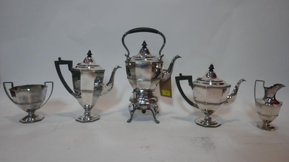 An early 20th century, silver-plated, 5 piece teaset of faceted, octagonal form, comprising of