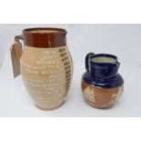 A Doulton Lambeth inebriation measuring jug, impressed marks to base, H.24cm, together with a