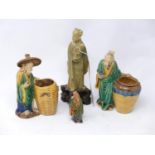Four Chinese figures to include two glazed stoneware figures both holding baskets 15 x 10cm each