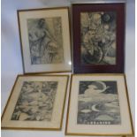 J. Sales, four surrealist studies of figures, framed and glazed, signed, (4)