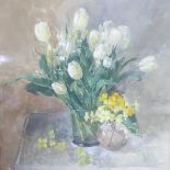 Pamela Kay (b.1939), 'White Tulips and Spring Flowers', watercolour and gouache, signed lower right,