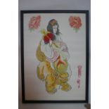 A Chinese lithograph of a lady riding a Dog of Fo, bearing blind stamps, 68 x 48cm