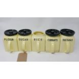 Five Bristol Kitchen Ware ceramic storage jars by Pountney & Co. Ltd., labelled Sugar, Rice,