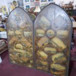 A Victorian two fold decoupage screen, with Gothic arched tops, depicting landscape scenes, 169 x