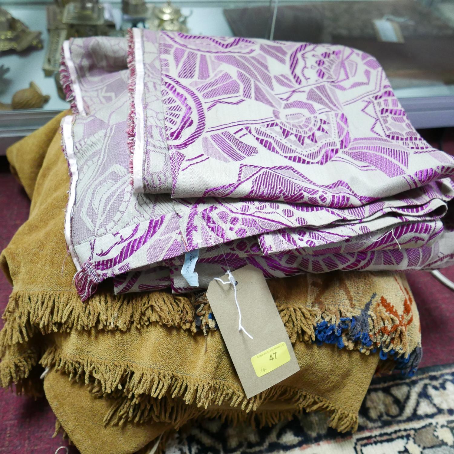 A collection of Art Deco textiles, to include a pair of silver and purple textiles with geometric