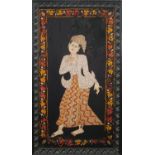 A large framed Burmese kalaga, standing woman, H.120 W.63cm