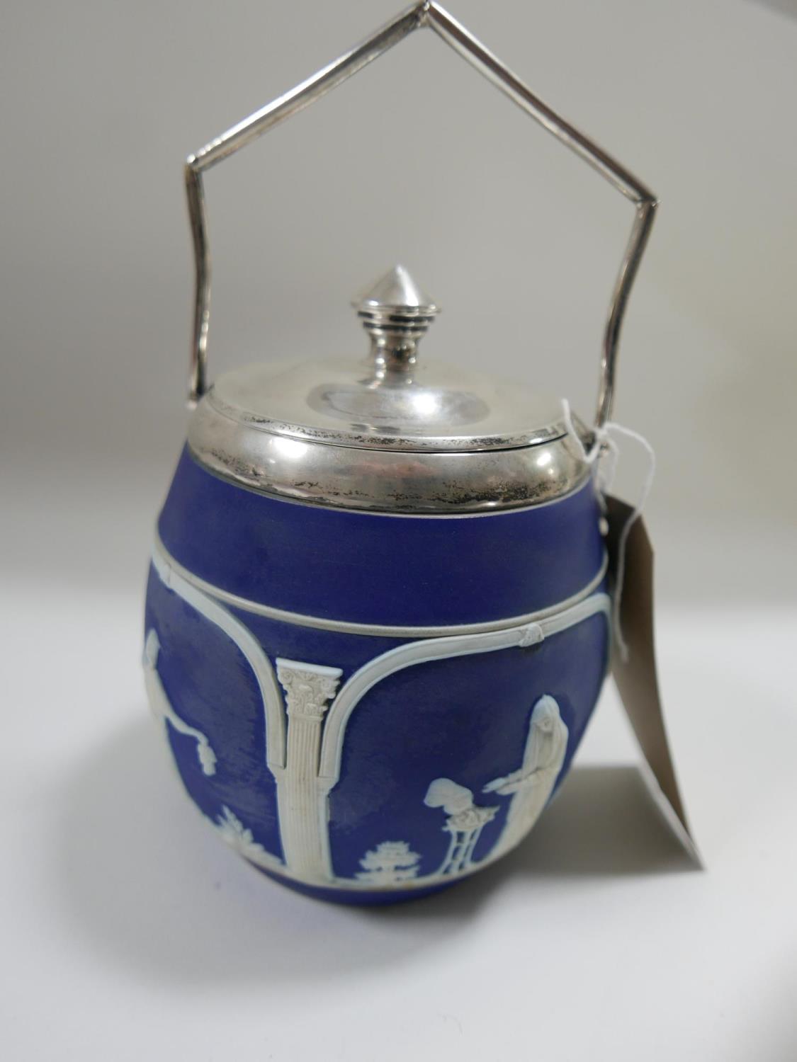 An Adams Tunstall Jasperware style biscuit barrel with silver lid, hallmarked London, H.19cm, - Image 2 of 2