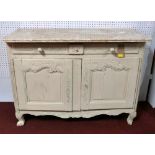 An 18th century French Louis XV grey painted side cabinet with marble top, having two drawers