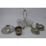A collection of silver plated ware, comprising candlestick, glass dishes on stand, two bird salt and