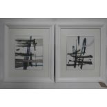 Two contemporary print and mixed media abstract studies, in white frames, 40 x 33cm