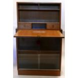 A vintage Art Deco style oak bureau bookcase, with drop flap revealing compartmentalised interior