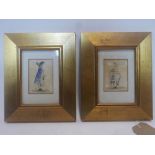 A pair of coloured ink sketches set in gilt frames, 10 x 7cm