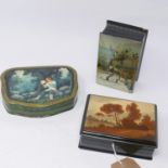 Three Russian hand-painted lacquer boxes, comprising one depicting a riverscape, signed and no.