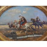 A 20th century oil on panel depicting figures on horseback, signed, set in gilt frame