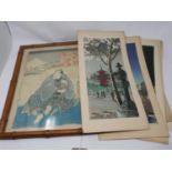 Two 19th century Japanese woodblock prints together with a set of six 20th century Japanese