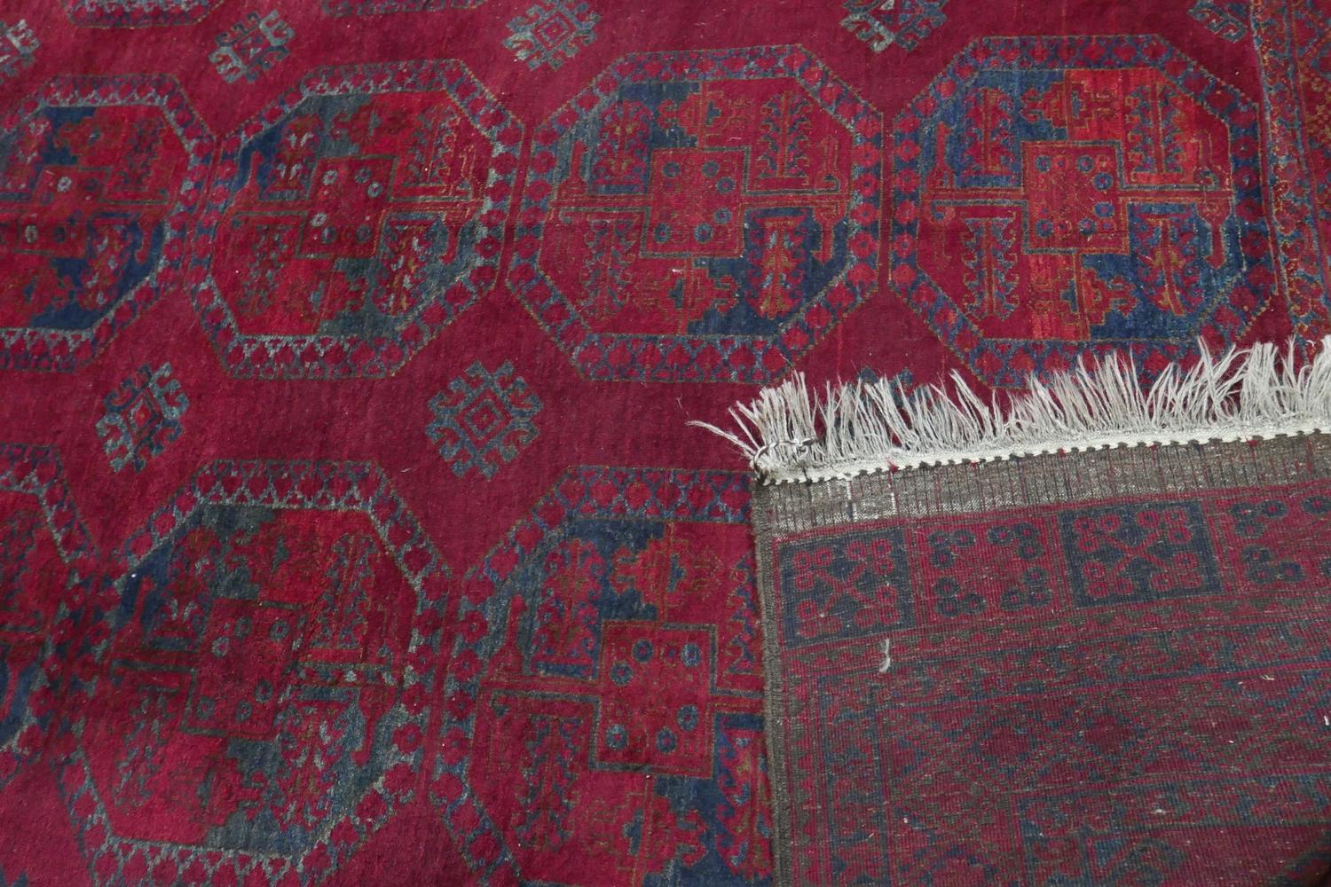 An antique Russian Afghan bokhara carpet, with large gull motifs, on a red ground, contained by - Image 5 of 6