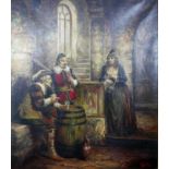 A 20th century oil on canvas, Figures tasting wine in a cellar, signed DePre, 78 x 68cm