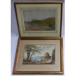A 19th century watercolour of figures by a field, 28 x 44cm, together with a watercolour of