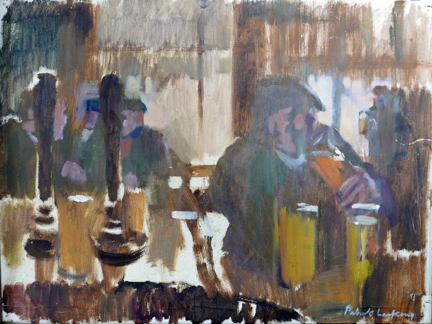Patrick Larking, oil on canvas laid on board, titled 'Pints', damaged, 37 x 50cm