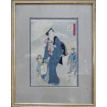 A 19th century Japanese woodblock print of a geisha and children, 33 x 21cm