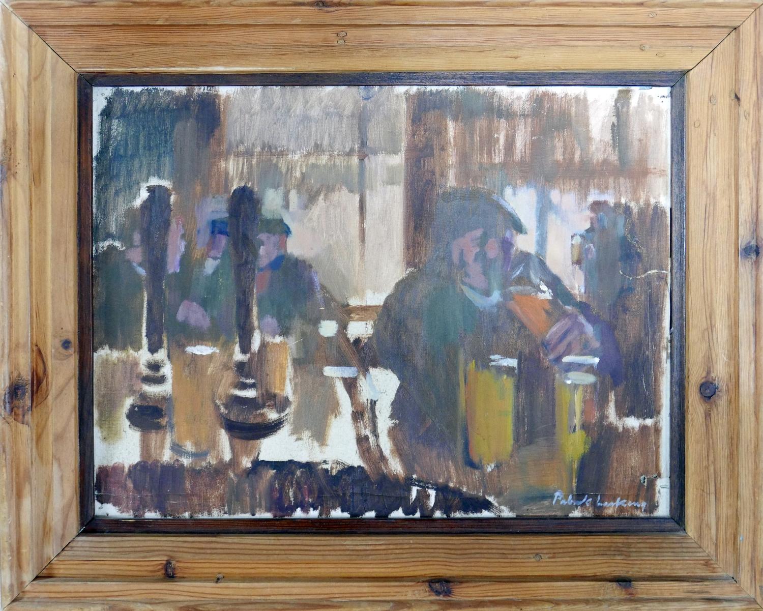 Patrick Larking, oil on canvas laid on board, titled 'Pints', damaged, 37 x 50cm - Image 2 of 3