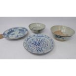 Two 18th century Chinese blue & white porcelain bowls together with two 19th century Chinese blue
