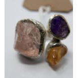 A sterling silver ring set with natural, rough large rose quartz, with amethyst and citrine, 25.5 g