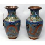 A pair of 19th century Chinese copper cloisonne vases, decorated with dragons chasing flaming pearl,