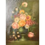 A gilt framed and glazed oil on board, Dutch style still life of flowers, indistinctly signed, 58