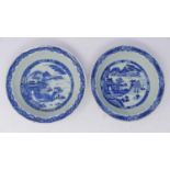 A pair of 19th century Chinese blue & white porcelain bowls, with willow pattern, one repaired