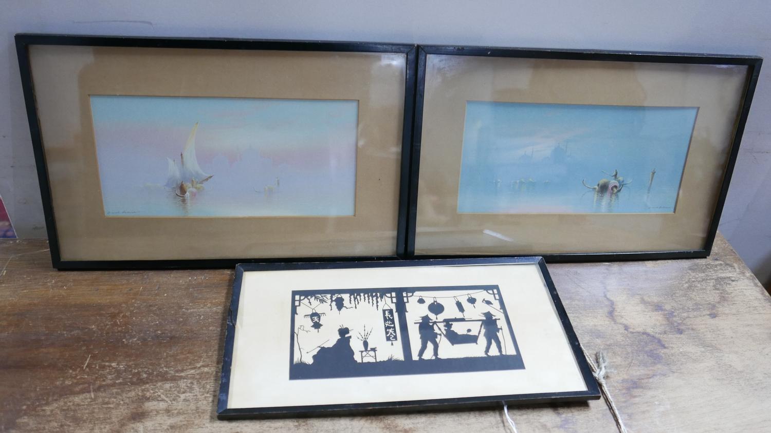 A pair of framed and glazed watercolours, North African desert scenes H.13 W.18cm and a framed Far