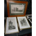 A 19th century maple framed print and 2 gilt framed prints. H19 W.30cm