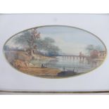 Early 19th century British school, Riverscape with bridge to background, feigned to oval,