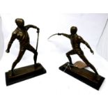 A pair of bronze fencing sculptures, signed, H.25cm