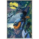 A mid 20th century oil on board, musician in the moonlit night, signed John Walkey and 1962, 90 x