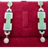 A boxed pair of silver and yellow gold, Art Deco style stud drop earrings set with jade, onxy and