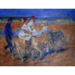 A framed oil on canvas, donkey rides on the beach. H.39 W.50cm