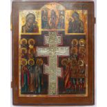 A Russian icon with central white metal crucifix, 44cm x 35cm