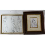 Two framed and glazed pen and ink sketches, Peter Collins A.R.C.A. (1923-2001). Largest H.24 W.29cm