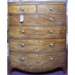 A large Regency boxwood inlaid mahogany bow fronted chest, with two short over four long drawers,
