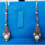 A boxed pair of silver and yellow gold, Art Deco drop earrings set with diamonds, pearls and rubies,