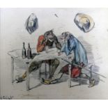 Ernest Henri Griset (1844-1907), watercolour titled 'two men in a tavern', with Fry gallery label to